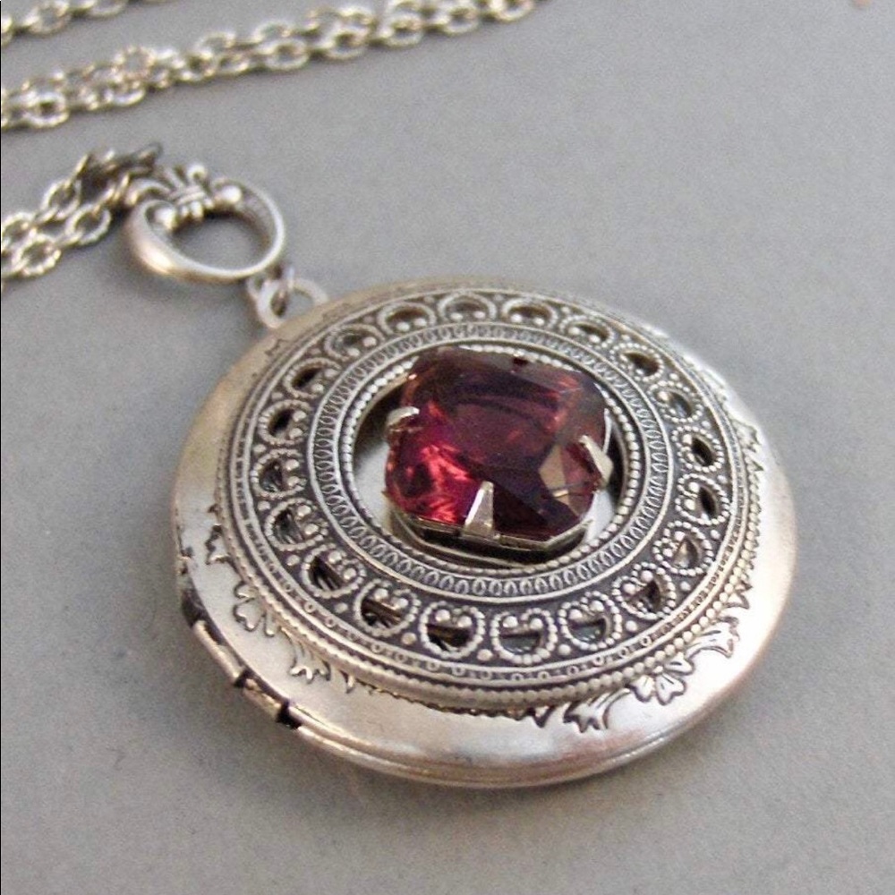 Garnet Locket Silver Antique Birthstone January Vintage Necklace Red Pendant